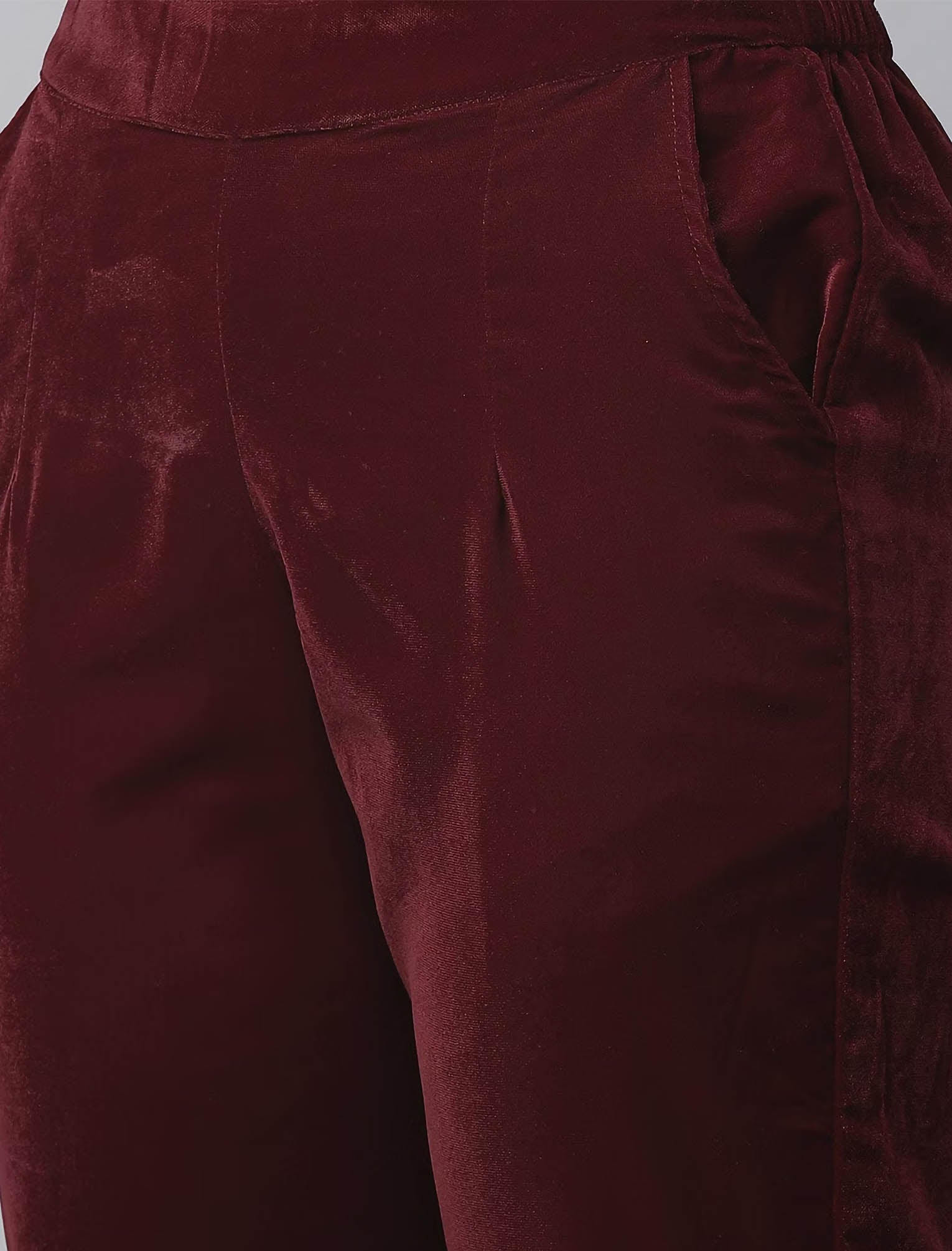 Burgundy velvet flat-front slim fit Cigarette Pants | Sumissura