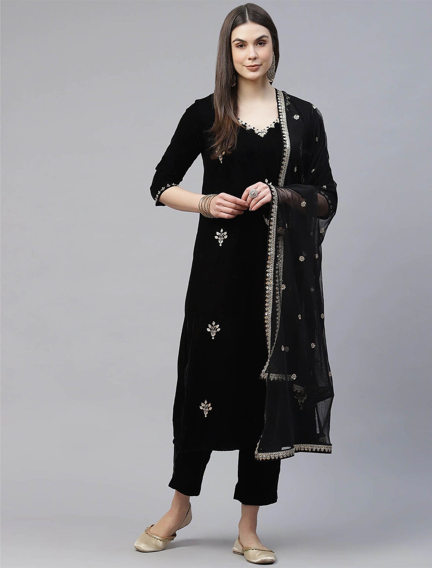 Black Velvet Kurta with Trousers & Dupatta For Women