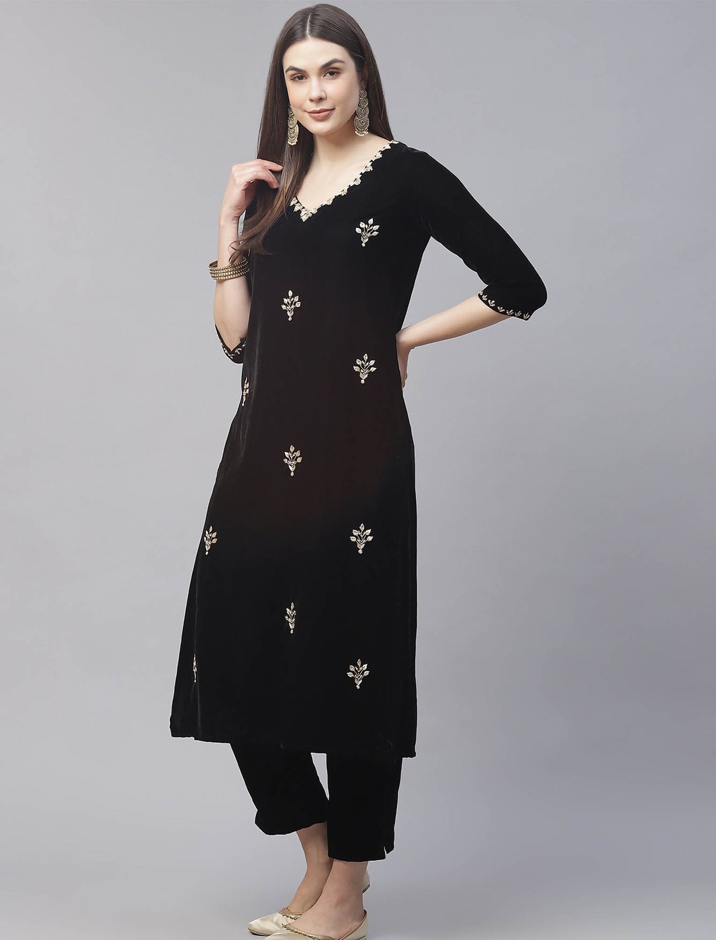 Black Velvet Kurta with Trousers & Dupatta For Women