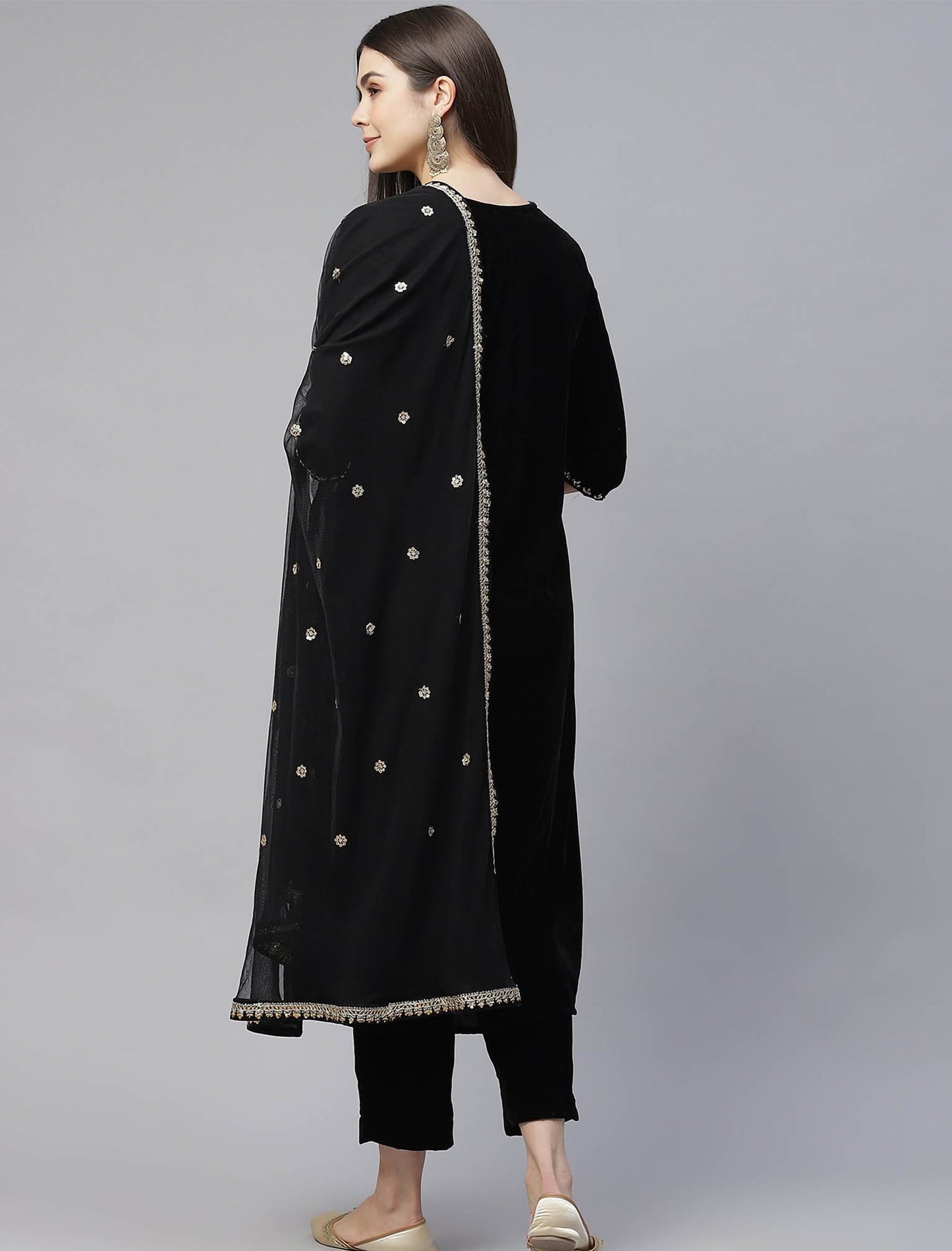 Black Velvet Kurta with Trousers & Dupatta For Women