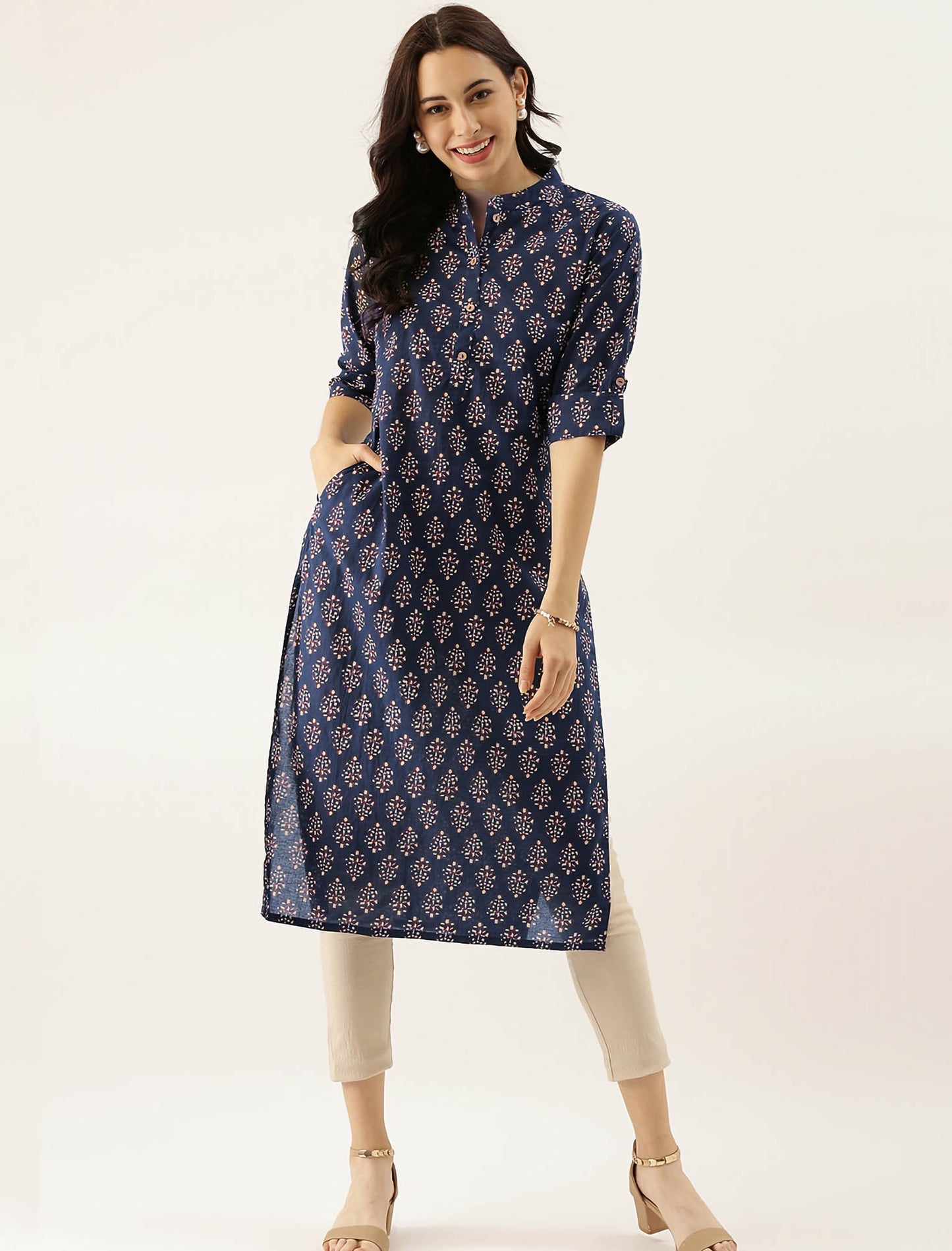 Navy Blue & White Ethnic Motifs Roll-Up Sleeves Divena Kurta For Women