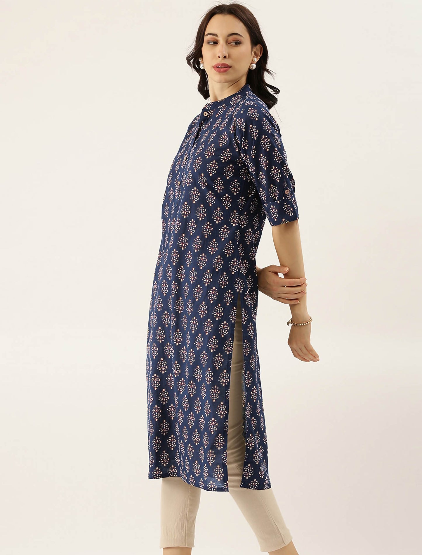 Navy Blue & White Ethnic Motifs Roll-Up Sleeves Divena Kurta For Women