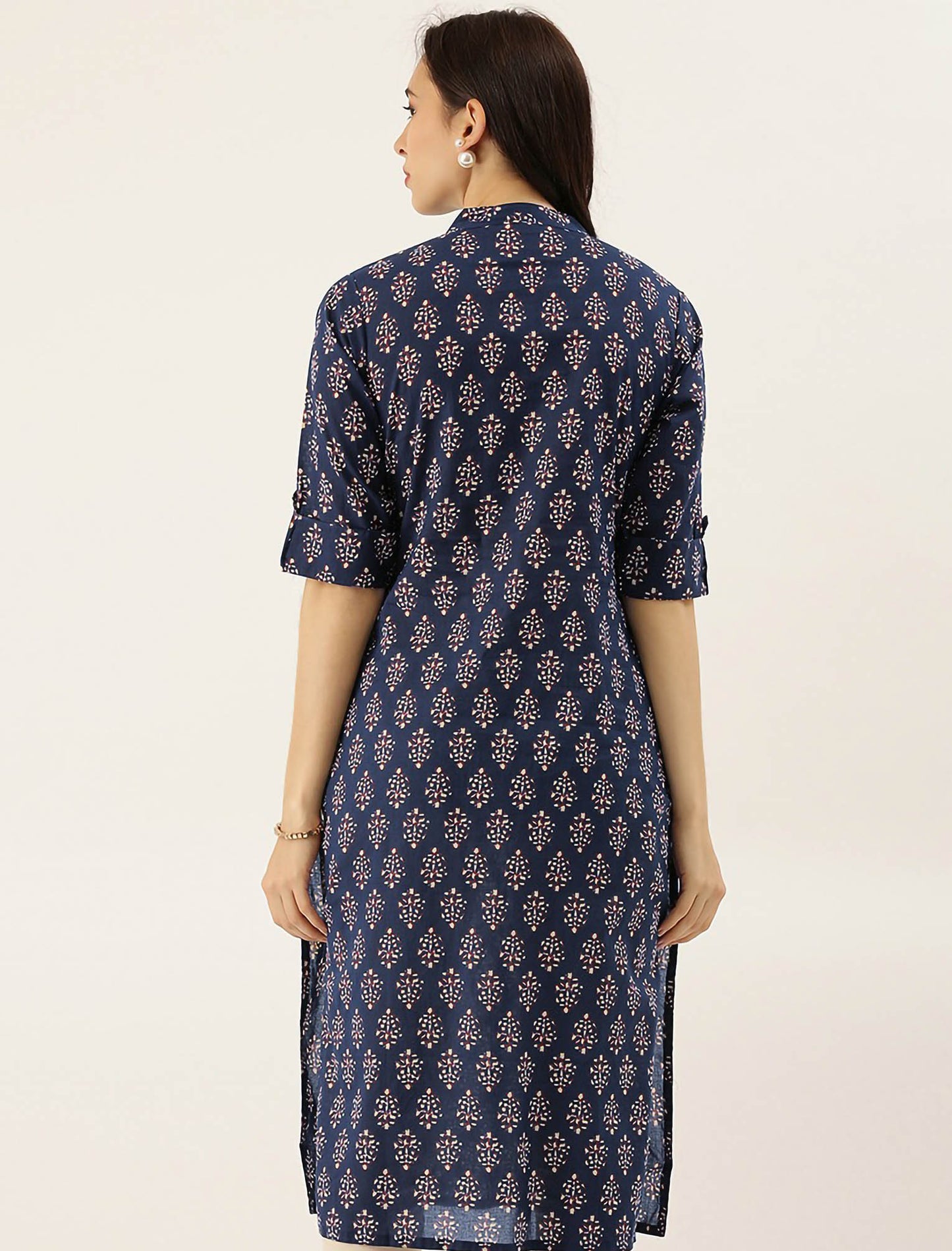 Navy Blue & White Ethnic Motifs Roll-Up Sleeves Divena Kurta For Women