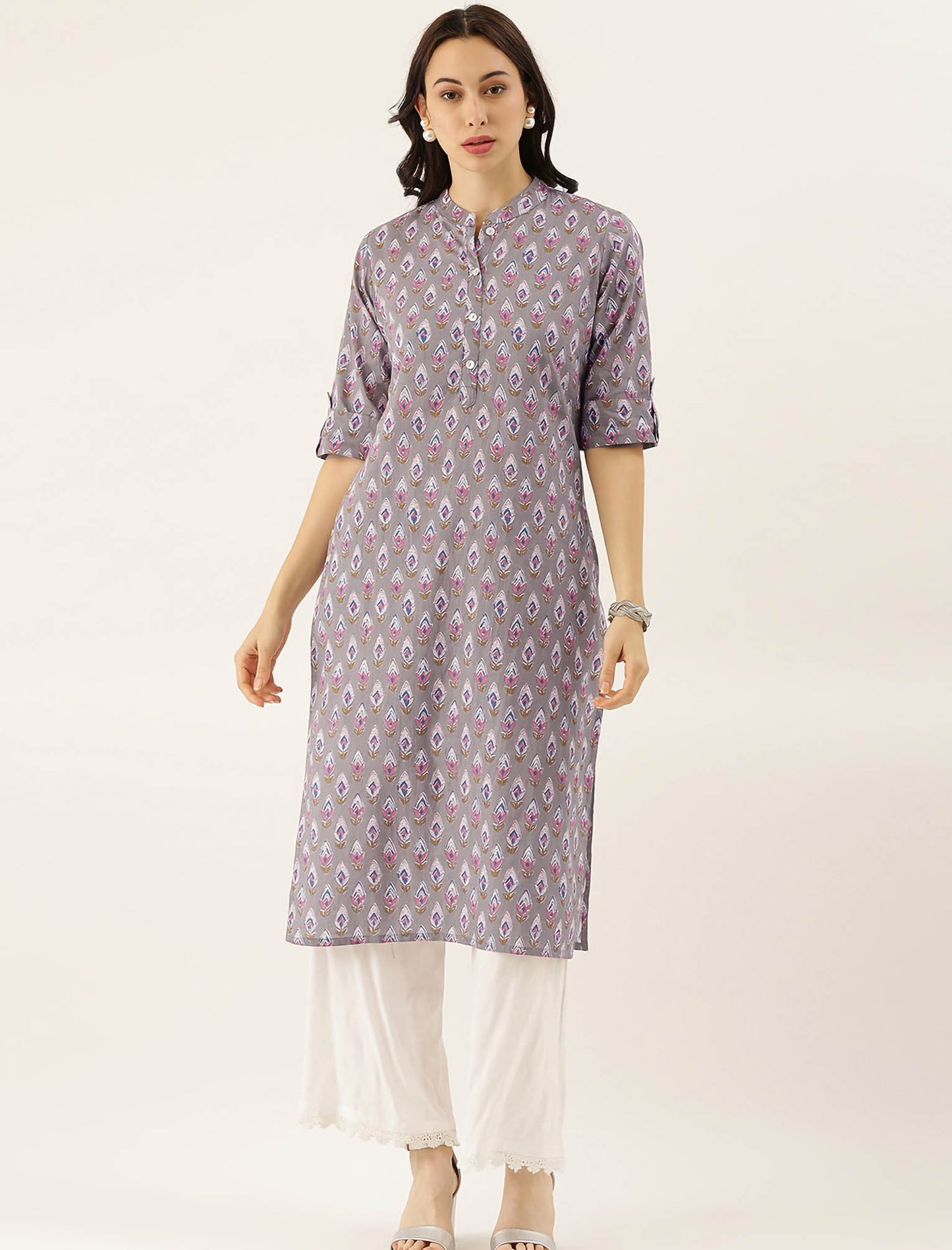 Grey Ethnic Motifs Printed Collar Roll-Up Sleeves Divena Kurta For Women