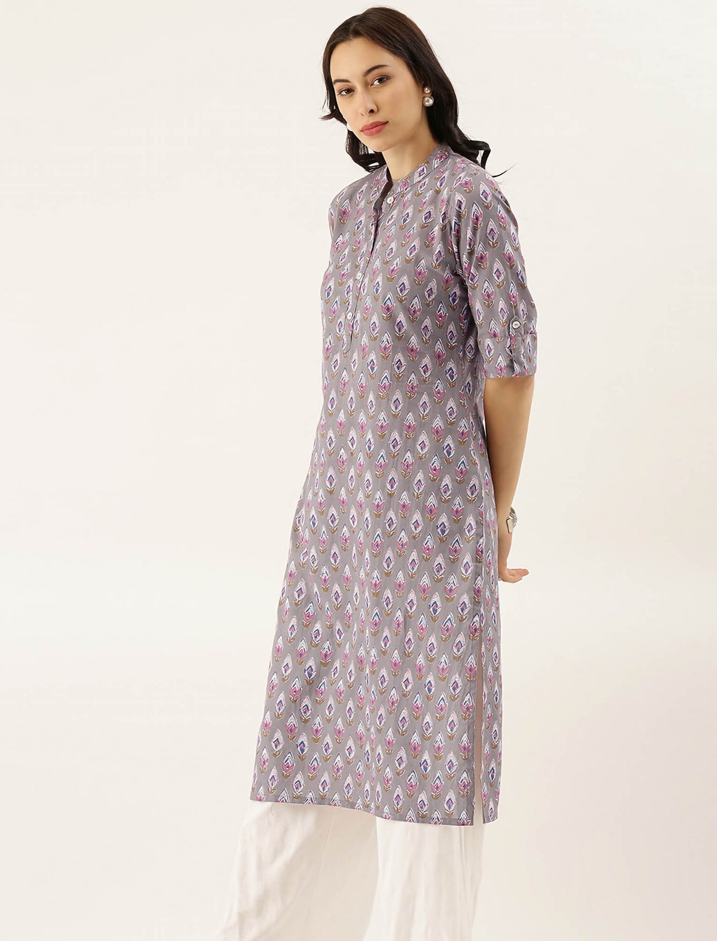 Grey Ethnic Motifs Printed Collar Roll-Up Sleeves Divena Kurta For Women