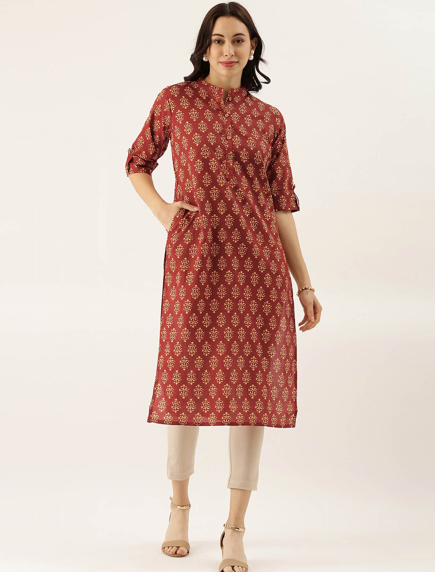 Maroon Ethnic Motifs Printed Collar Roll-Up Sleeves Divena Kurta For Women