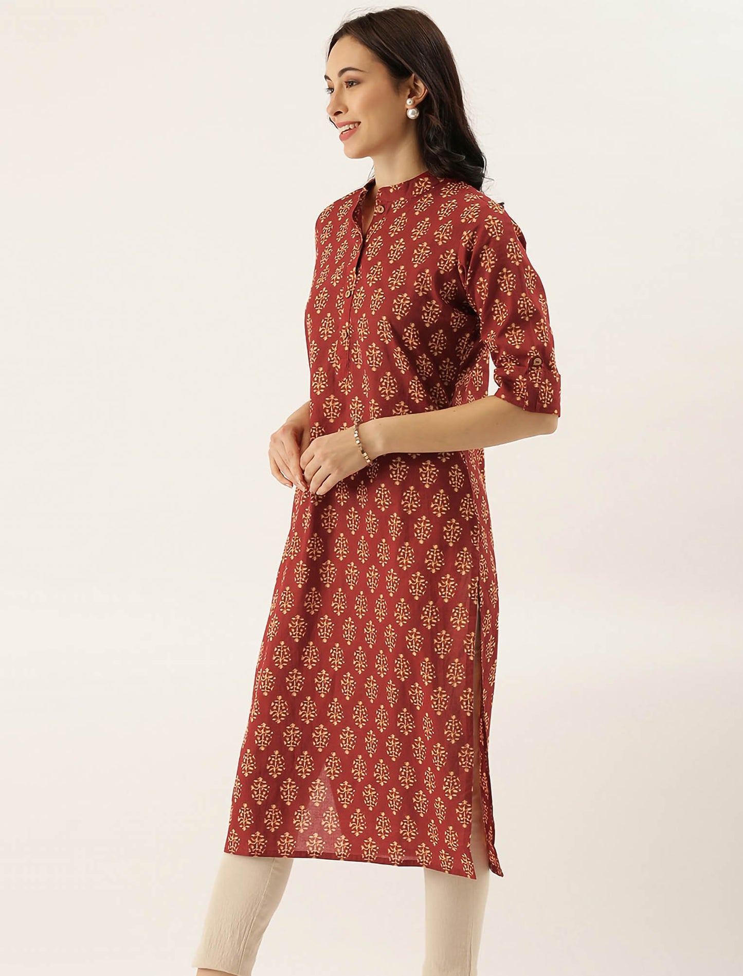 Maroon Ethnic Motifs Printed Collar Roll-Up Sleeves Divena Kurta For Women