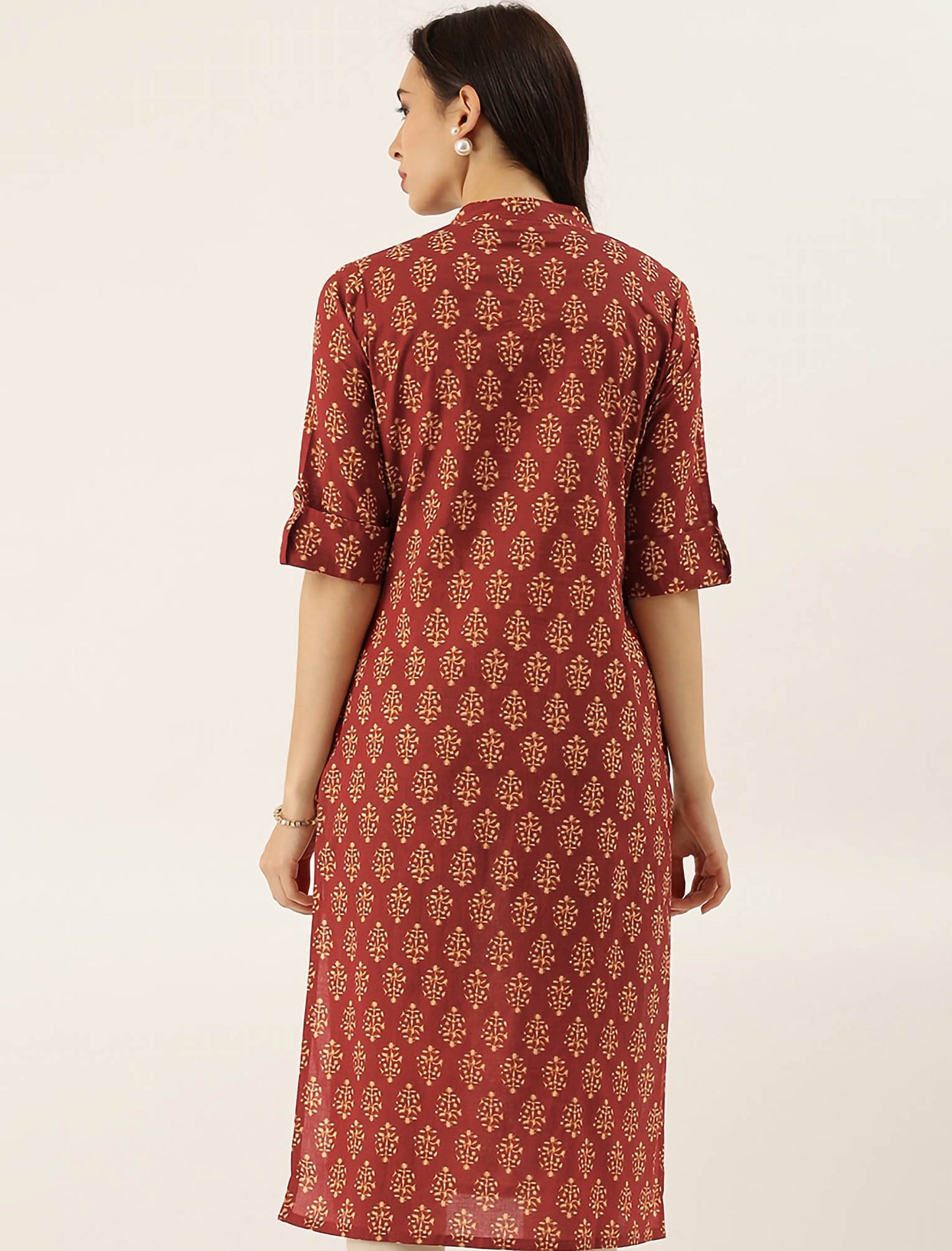 Maroon Ethnic Motifs Printed Collar Roll-Up Sleeves Divena Kurta For Women