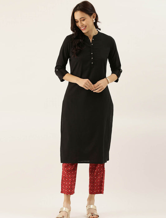 Black Cotton Solid Collar Roll-Up Sleeves Divena Kurta For Women