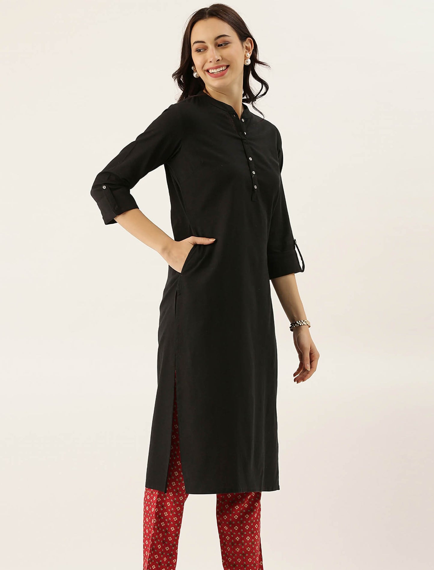 Black Cotton Solid Collar Roll-Up Sleeves Divena Kurta For Women