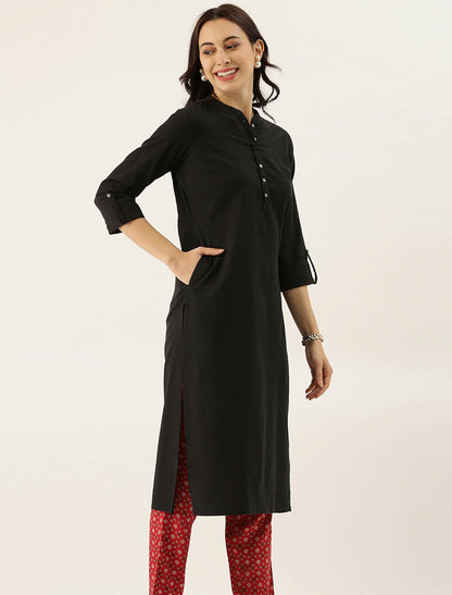 Black Cotton Solid Collar Roll-Up Sleeves Divena Kurta For Women