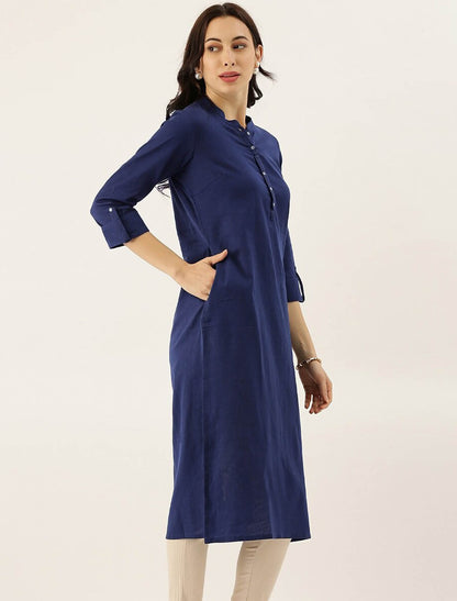 Blue Cotton Solid Collar Ethnic Kurta For Women