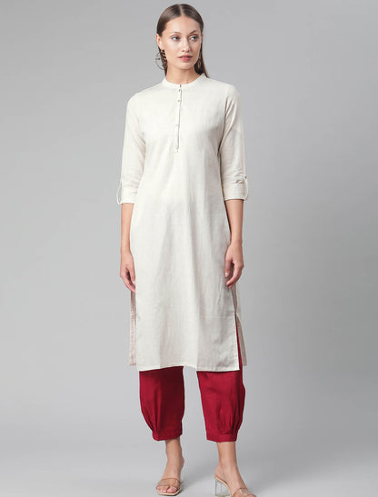 Beige Cotton Solid Collar Roll-Up Sleeves Straight Ethnic Kurta For Women