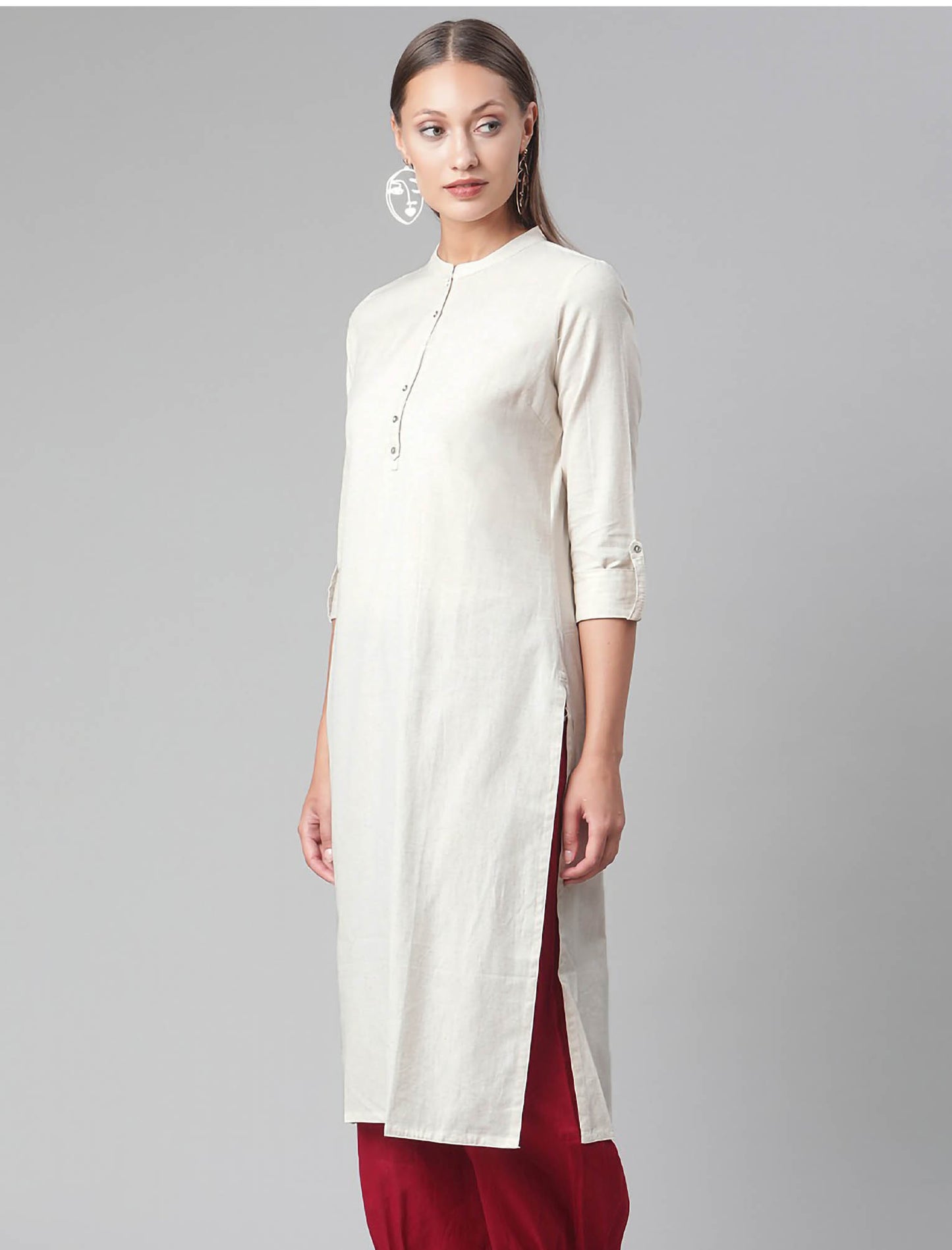 Beige Cotton Solid Collar Roll-Up Sleeves Straight Divena Kurta For Women