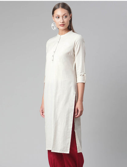 Beige Cotton Solid Collar Roll-Up Sleeves Straight Ethnic Kurta For Women