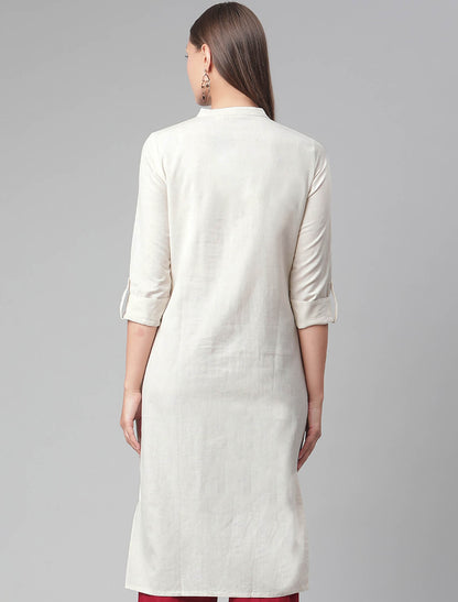 Beige Cotton Solid Collar Roll-Up Sleeves Straight Ethnic Kurta For Women