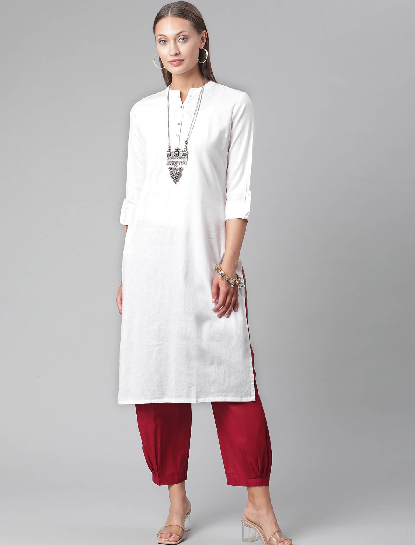 White Cotton Solid Collar Roll-Up Sleeves Straight Divena Kurta For Women