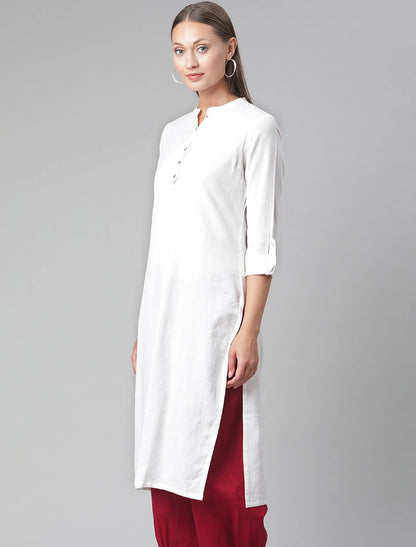 White Cotton Solid Collar Roll-Up Sleeves Straight Ethnic Kurta For Women