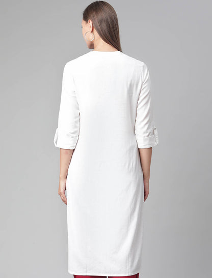White Cotton Solid Collar Roll-Up Sleeves Straight Ethnic Kurta For Women