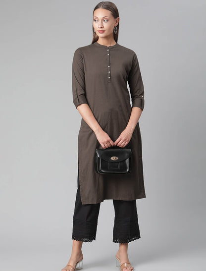 Coffee Brown Mandarin Collar Straight Ethnic Kurta For Women