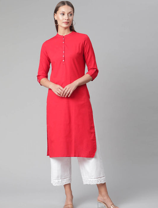 Red Roll-Up Sleeves Straight Divena Kurta For Women