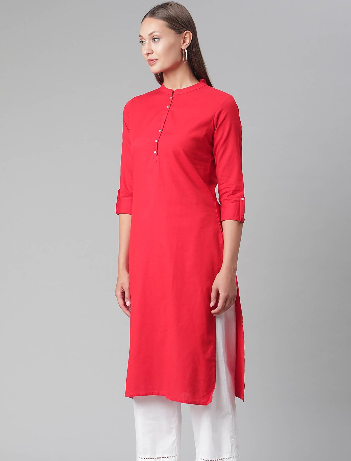 Red Roll-Up Sleeves Straight Divena Kurta For Women