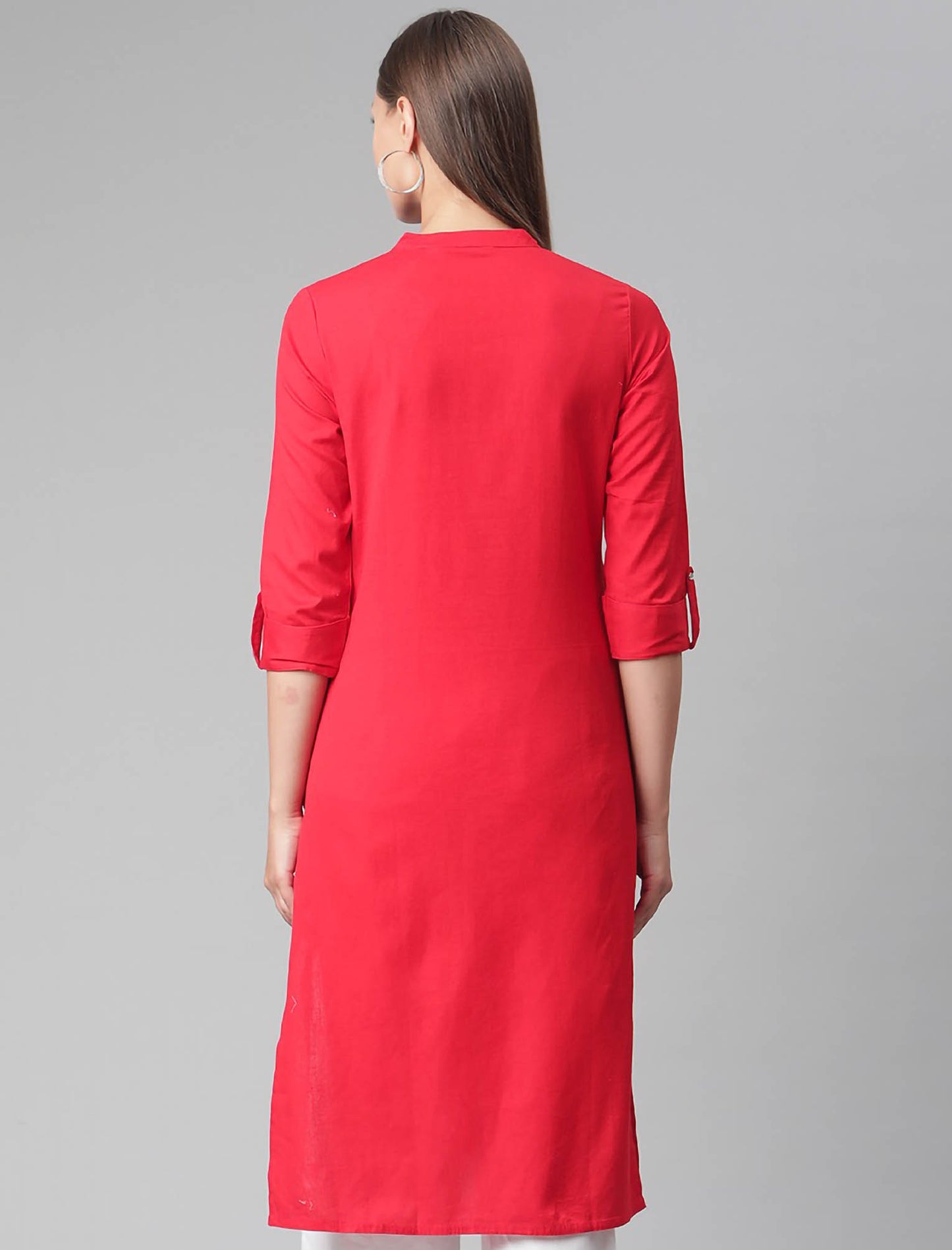 Red Roll-Up Sleeves Straight Divena Kurta For Women