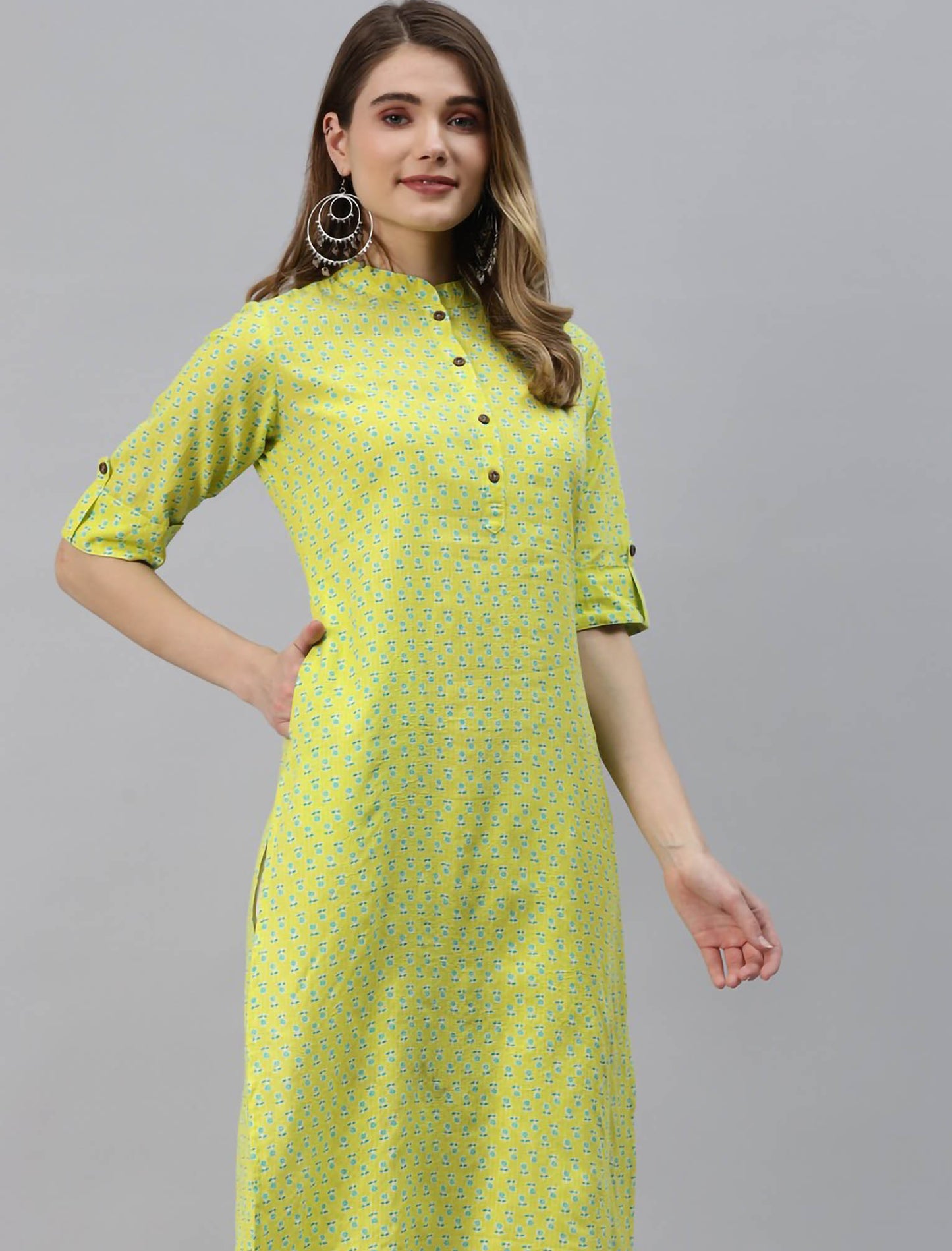 Yellow Floral Printed Pure Cotton Divena Kurta For Women