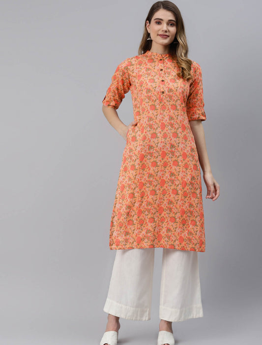 Peach-Coloured Floral Printed Pure Cotton Divena Kurta For Women