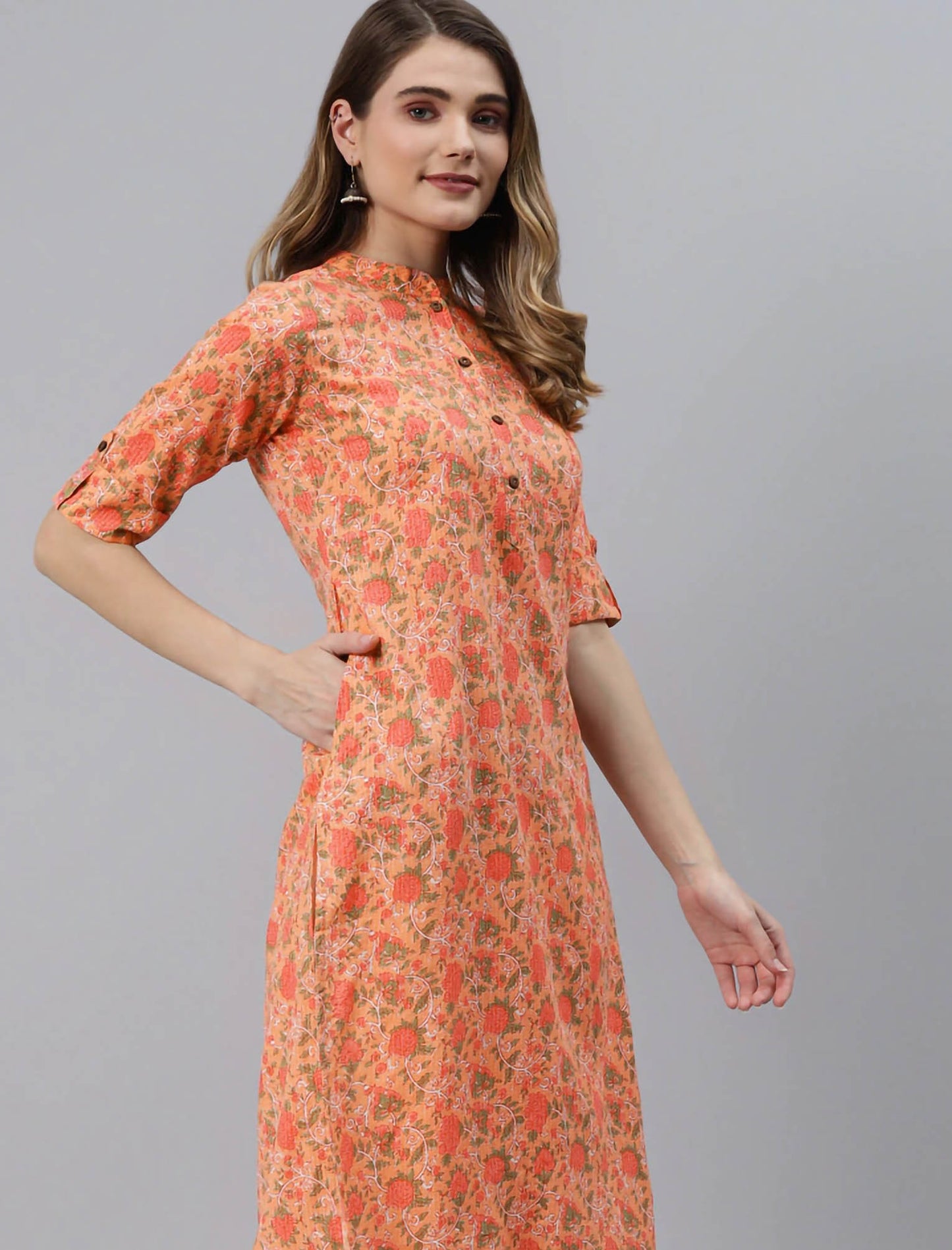 Peach-Coloured Floral Printed Pure Cotton Divena Kurta For Women