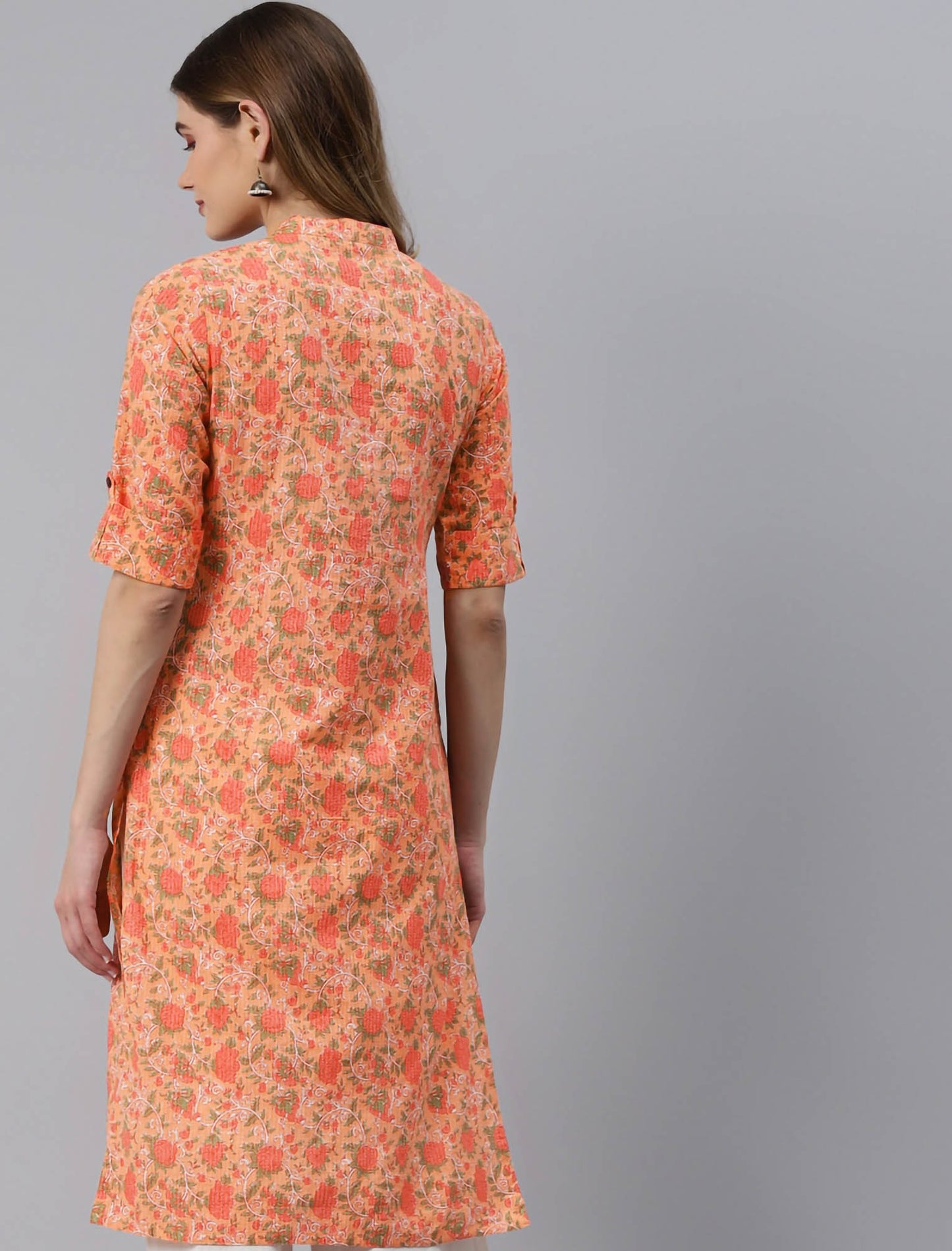 Peach-Coloured Floral Printed Pure Cotton Divena Kurta For Women