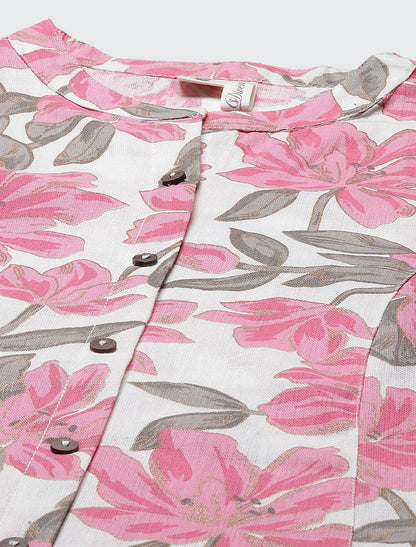 White & Pink Floral Printed Pure Cotton A-line Divena Kurta For Women