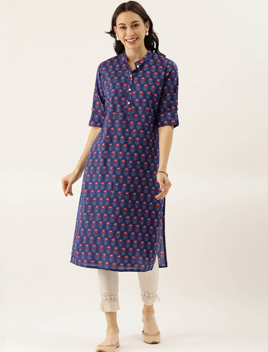 Navy Blue Ethnic Motifs Printed Roll-Up Sleeves Divena Kurta For Women