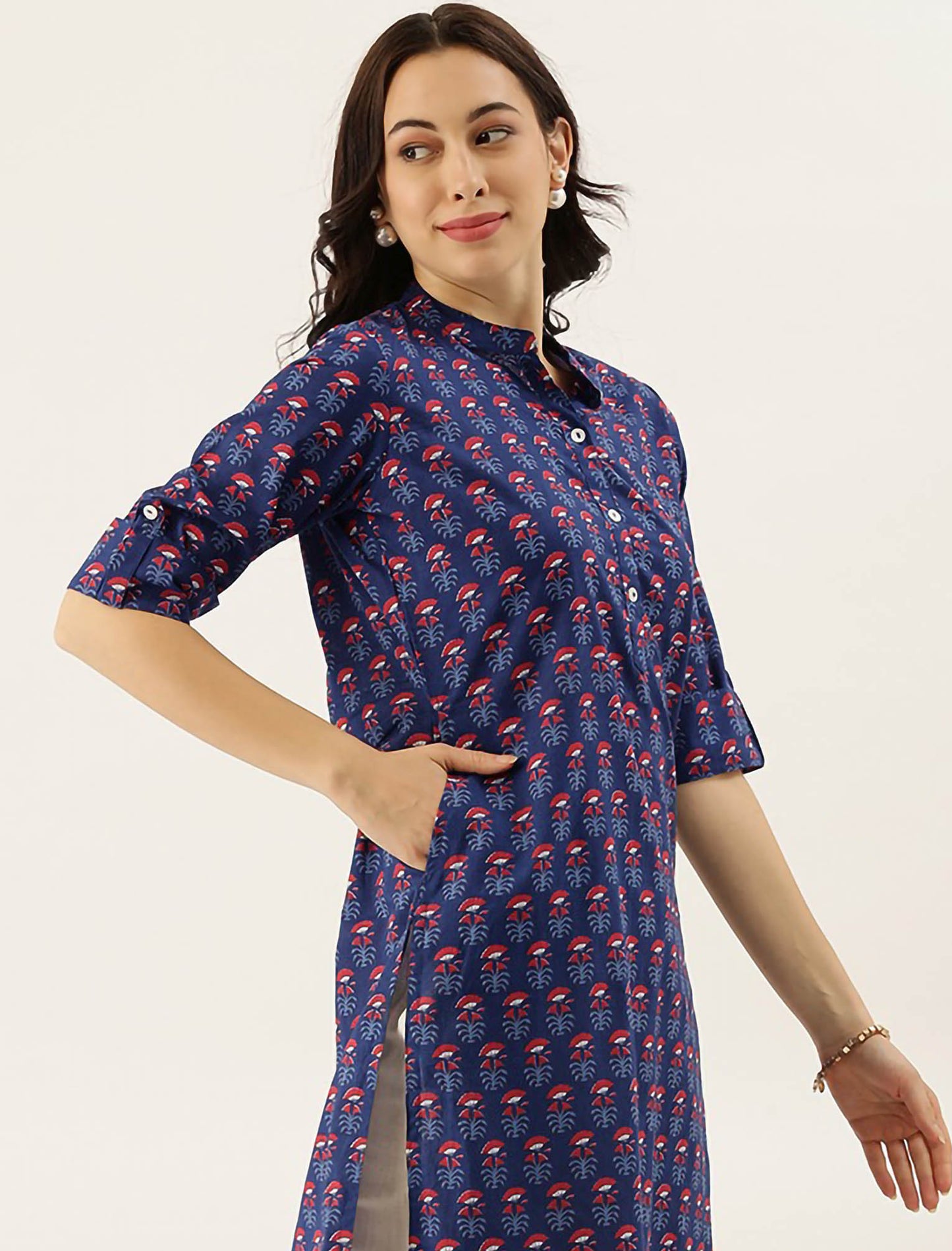 Navy Blue Ethnic Motifs Printed Roll-Up Sleeves Divena Kurta For Women