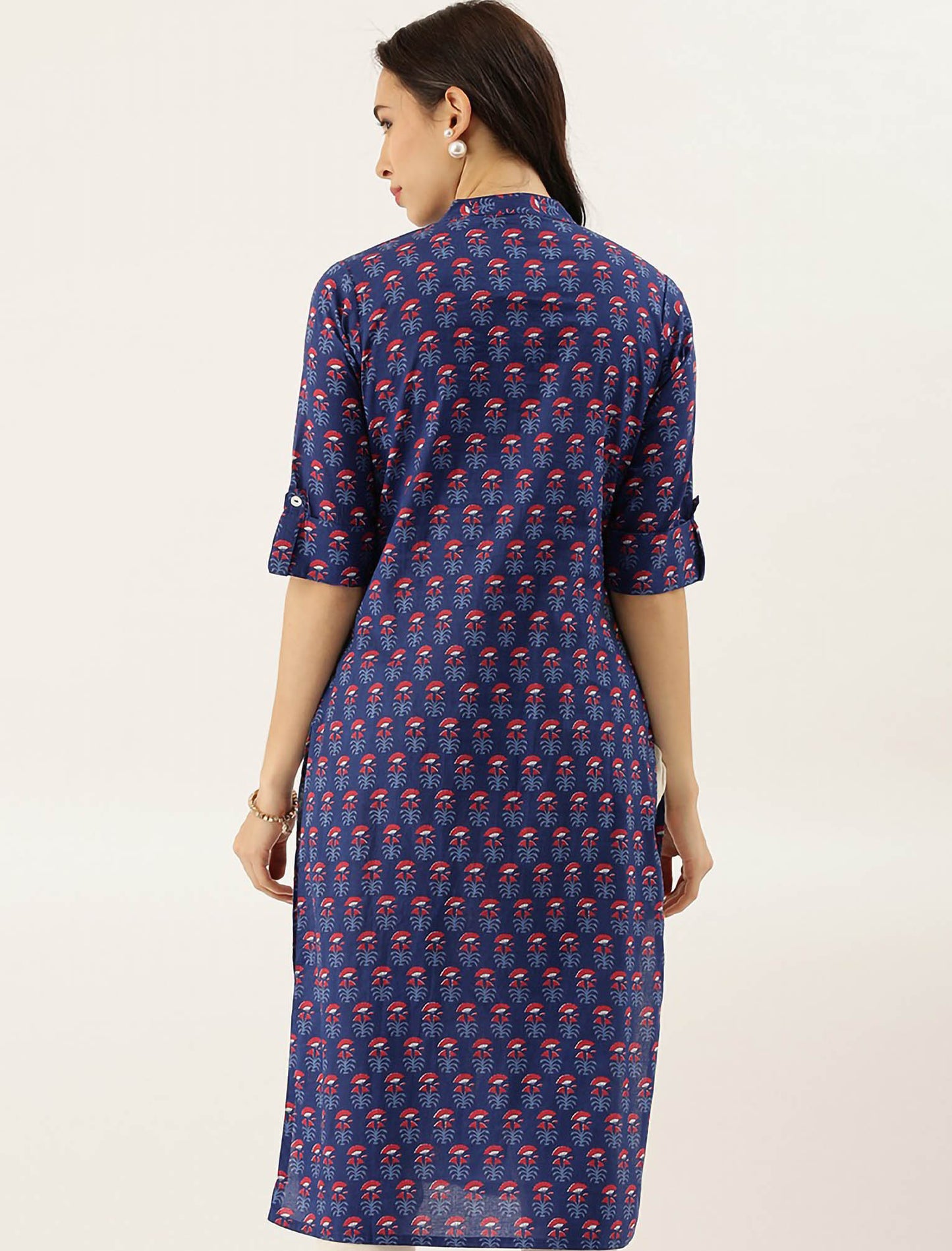 Navy Blue Ethnic Motifs Printed Roll-Up Sleeves Divena Kurta For Women