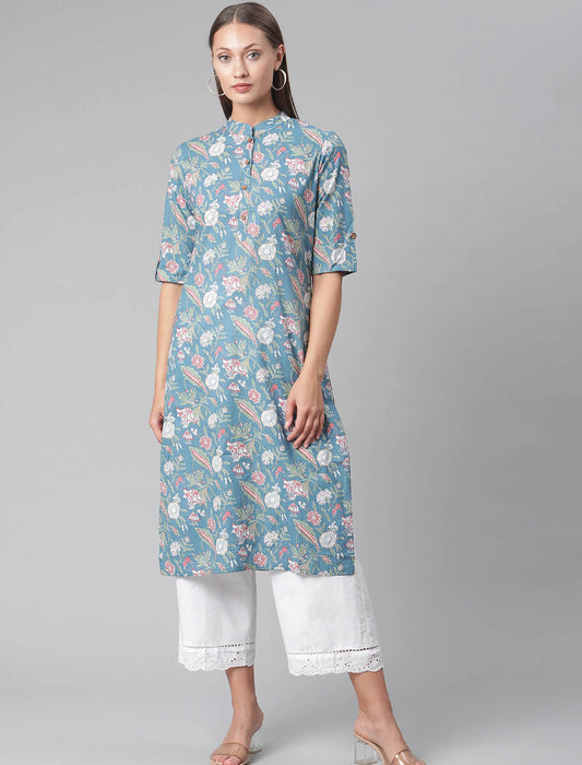 Turquoise Blue & White Floral Printed Floral Divena Kurta For Women