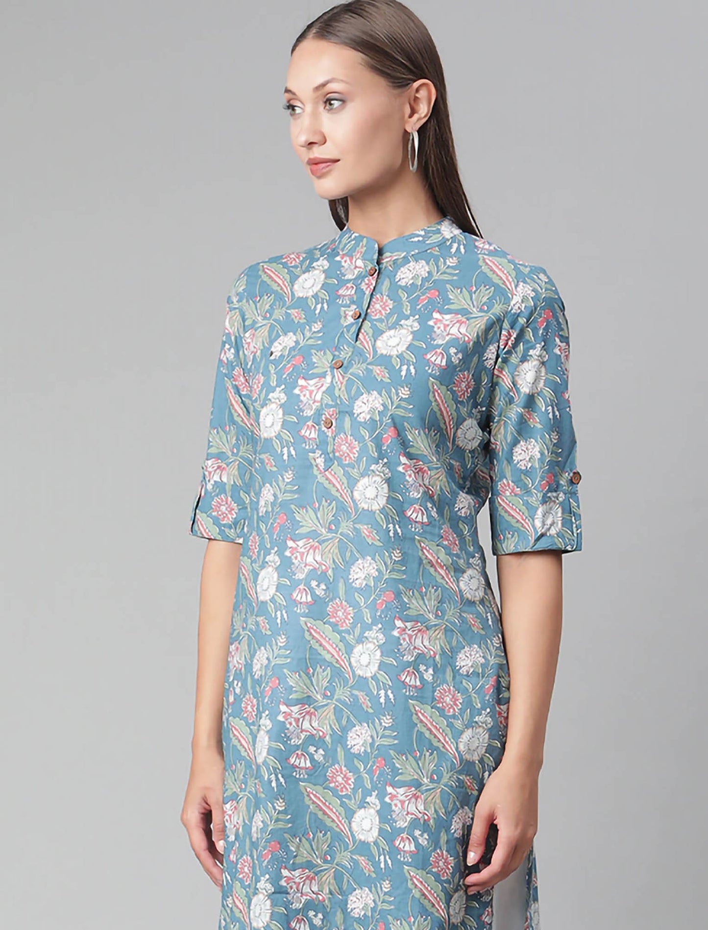 Turquoise Blue & White Floral Printed Floral Divena Kurta For Women