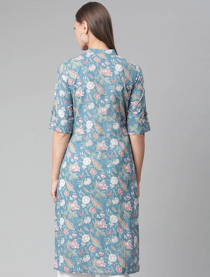 Turquoise Blue & White Floral Printed Floral Divena Kurta For Women