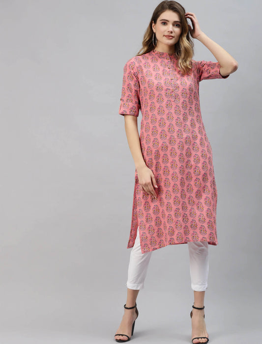 Pink & Green Ethnic Motifs Printed Cotton Divena Kurta For Women