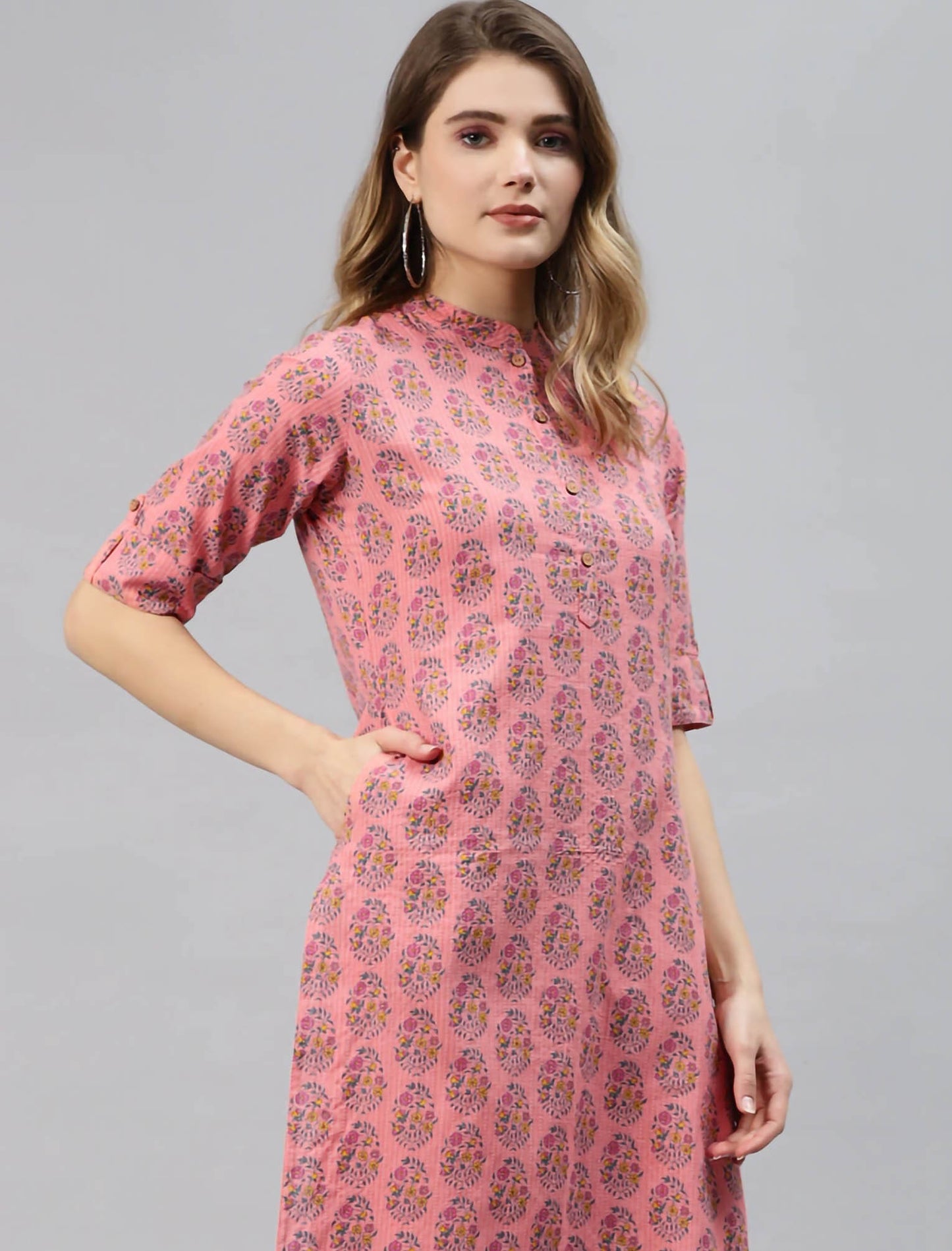 Pink & Green Ethnic Motifs Printed Cotton Divena Kurta For Women