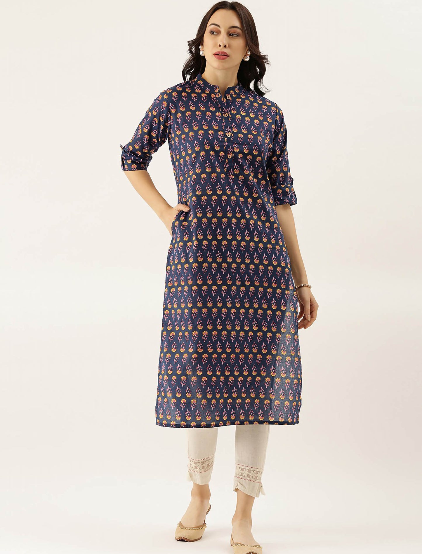 Navy Blue Ethnic Motifs Printed Roll-Up Sleeves Divena Kurta For Women