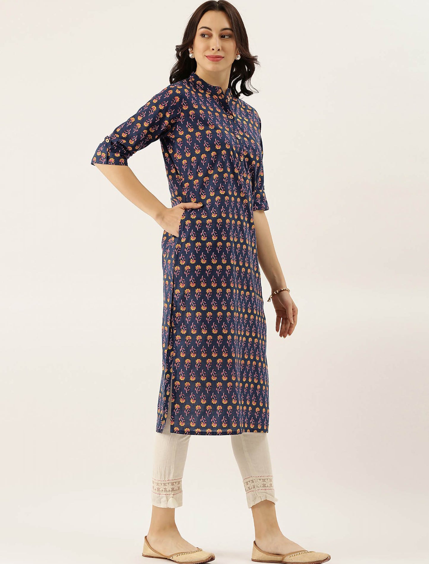 Navy Blue Ethnic Motifs Printed Roll-Up Sleeves Divena Kurta For Women