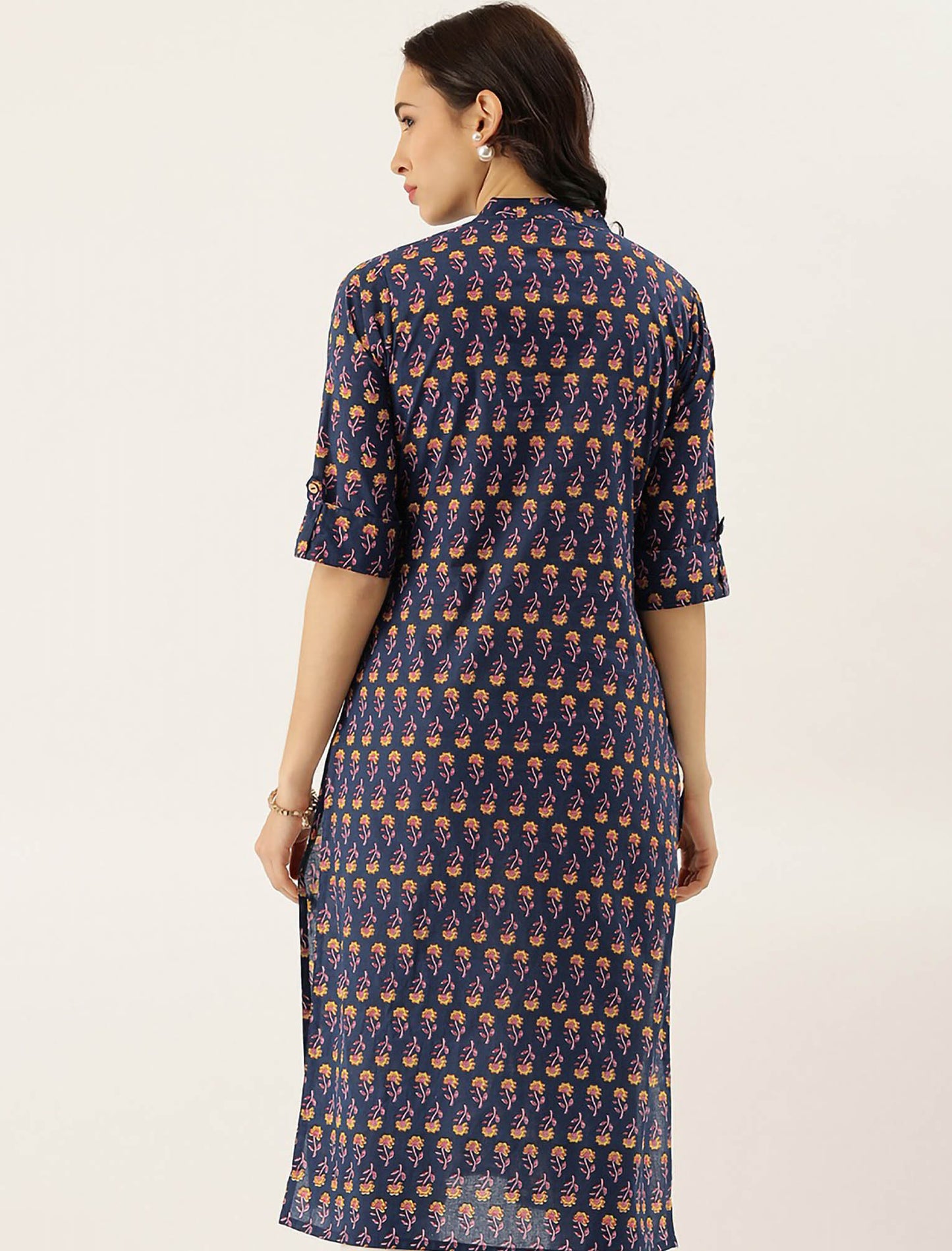 Navy Blue Ethnic Motifs Printed Roll-Up Sleeves Divena Kurta For Women