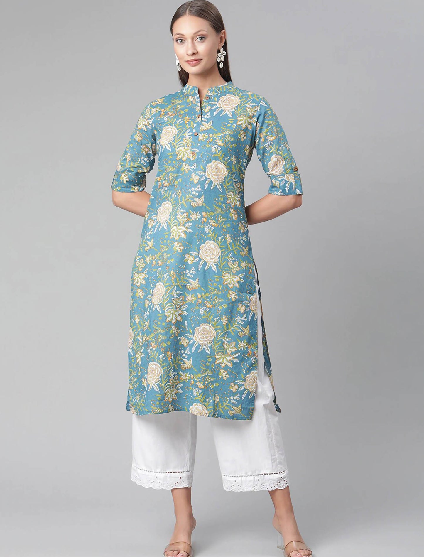 Teal Floral Printed Straight Divena Kurta For Women