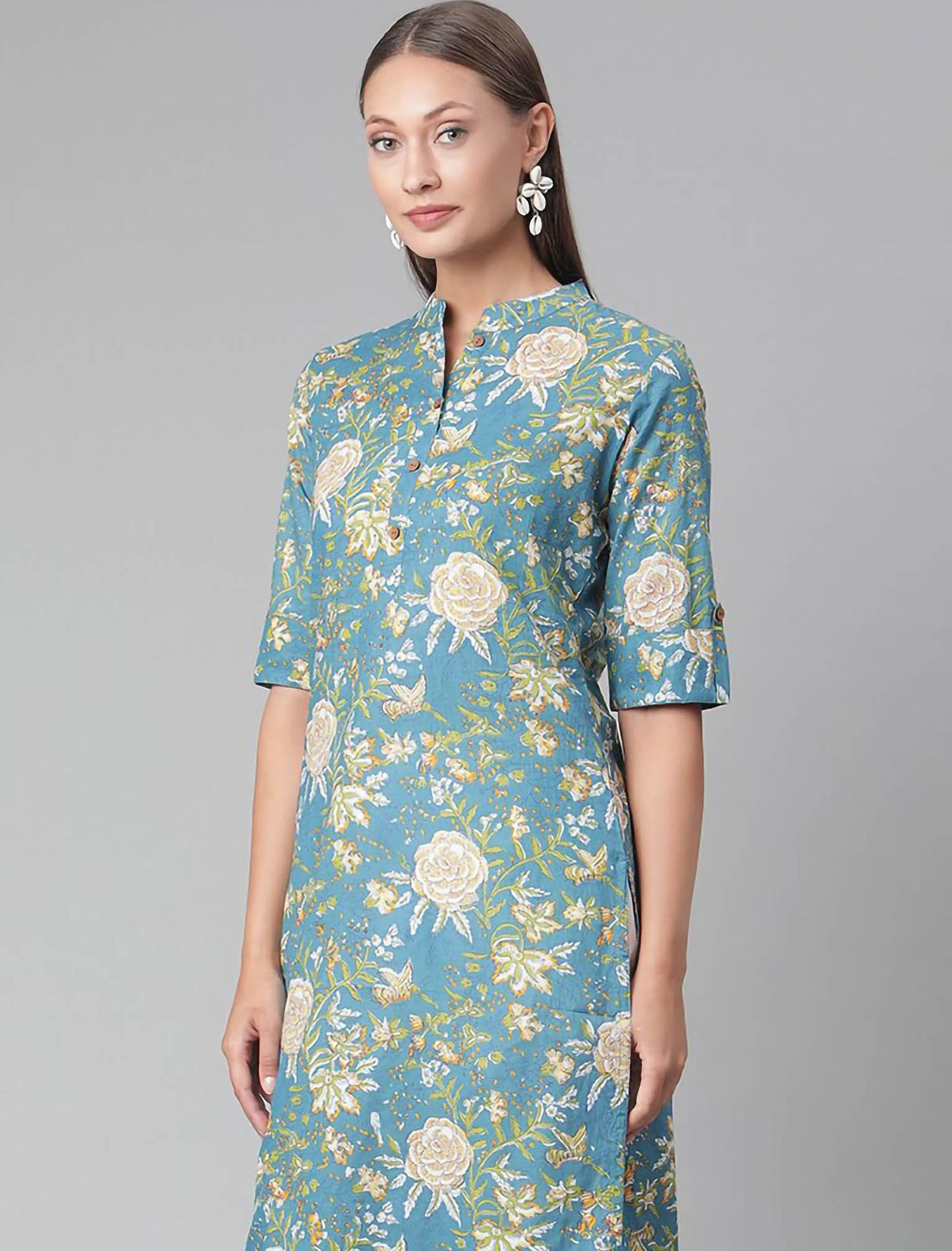 Teal Floral Printed Straight Divena Kurta For Women