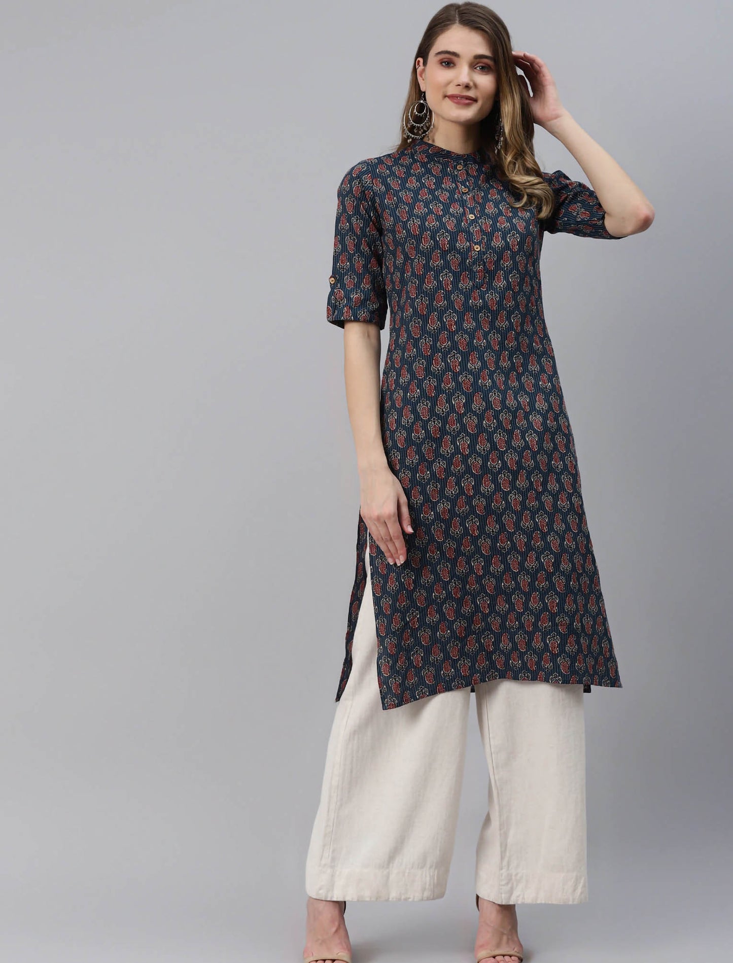 Navy Blue Floral Printed Pure Cotton Divena Kurta For Women