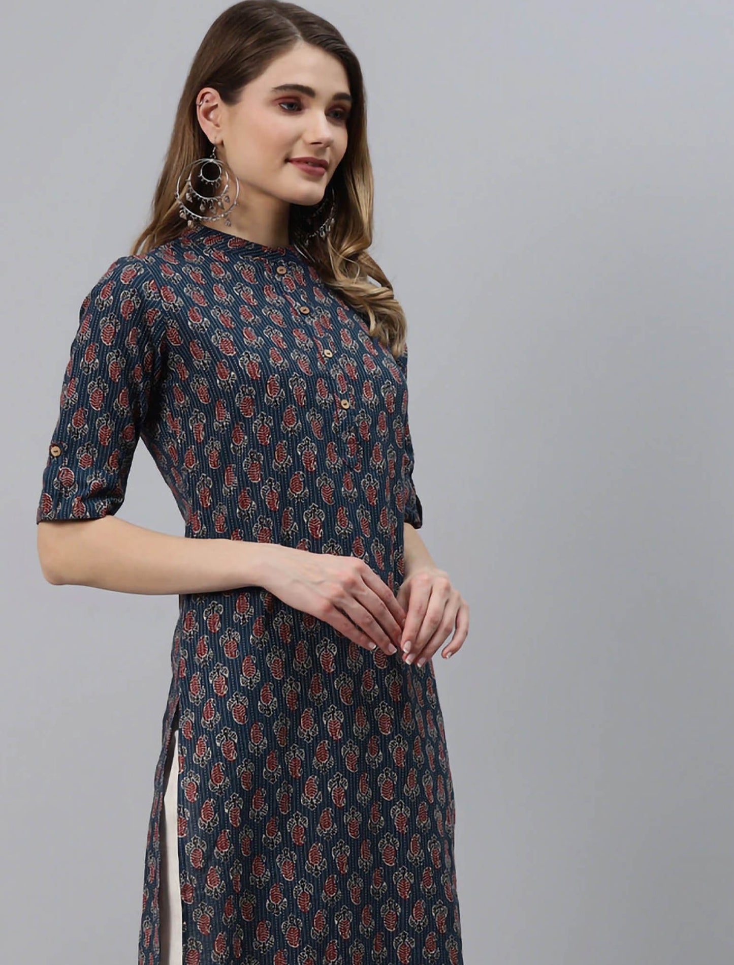 Navy Blue Floral Printed Pure Cotton Divena Kurta For Women