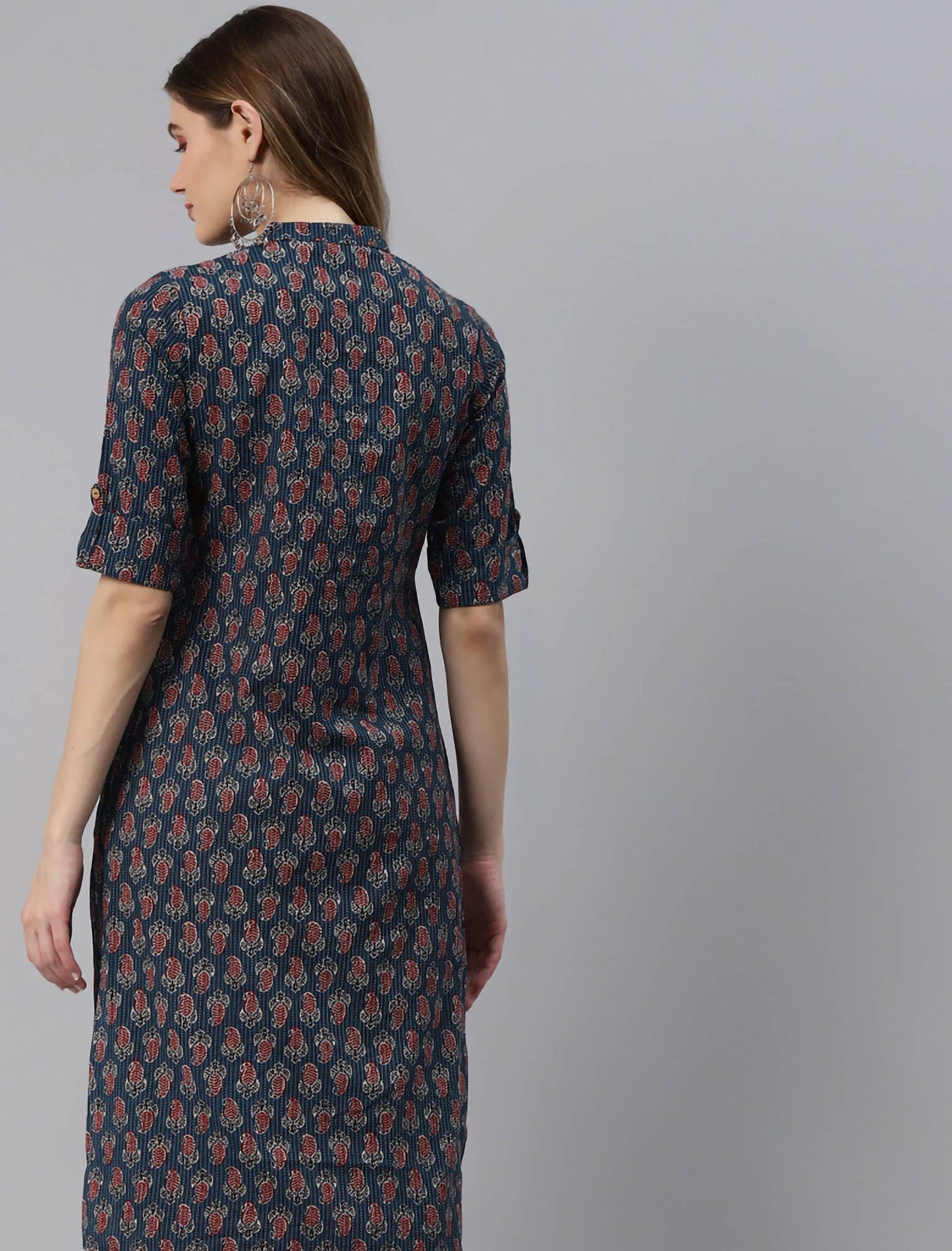 Navy Blue Floral Printed Pure Cotton Divena Kurta For Women