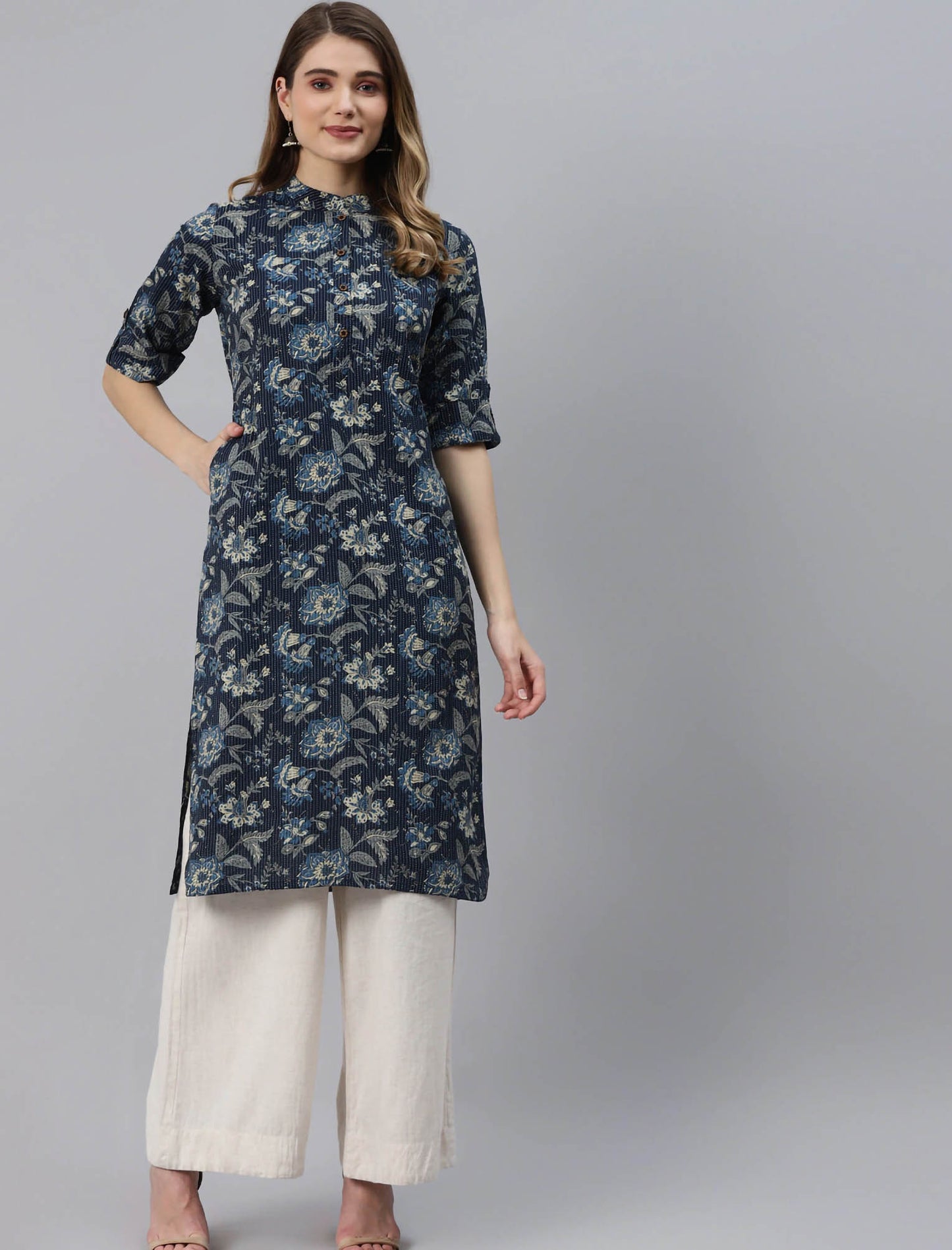 Navy Blue Floral Printed Pure Cotton Divena Kurta For Women