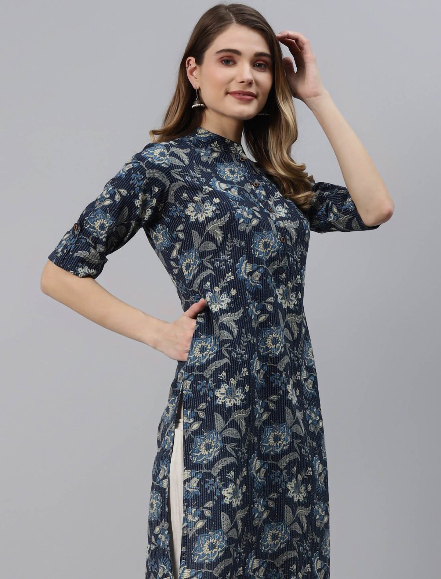 Navy Blue Floral Printed Pure Cotton Divena Kurta For Women